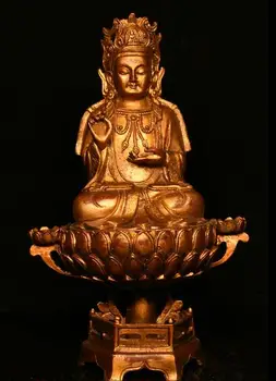 

Old Chinese Bronze Gilt Sit Lotus Flower Kwan-yin Guan Yin Goddess Buddha Statue
