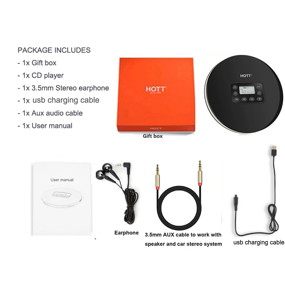 HOTT 711T Bluetooth портативный CD-плеер с перезаряжаемой батареей светодиодный дисплей, персональный CD walkman, чтобы наслаждаться музыкой и аудиокнигой