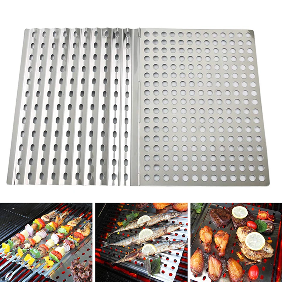 TEENRA Folding Barbecue Mat Stainless Steel Grill Mat Portable Barbecue Baking Tray Non-stick BBQ Mesh Camping Tools