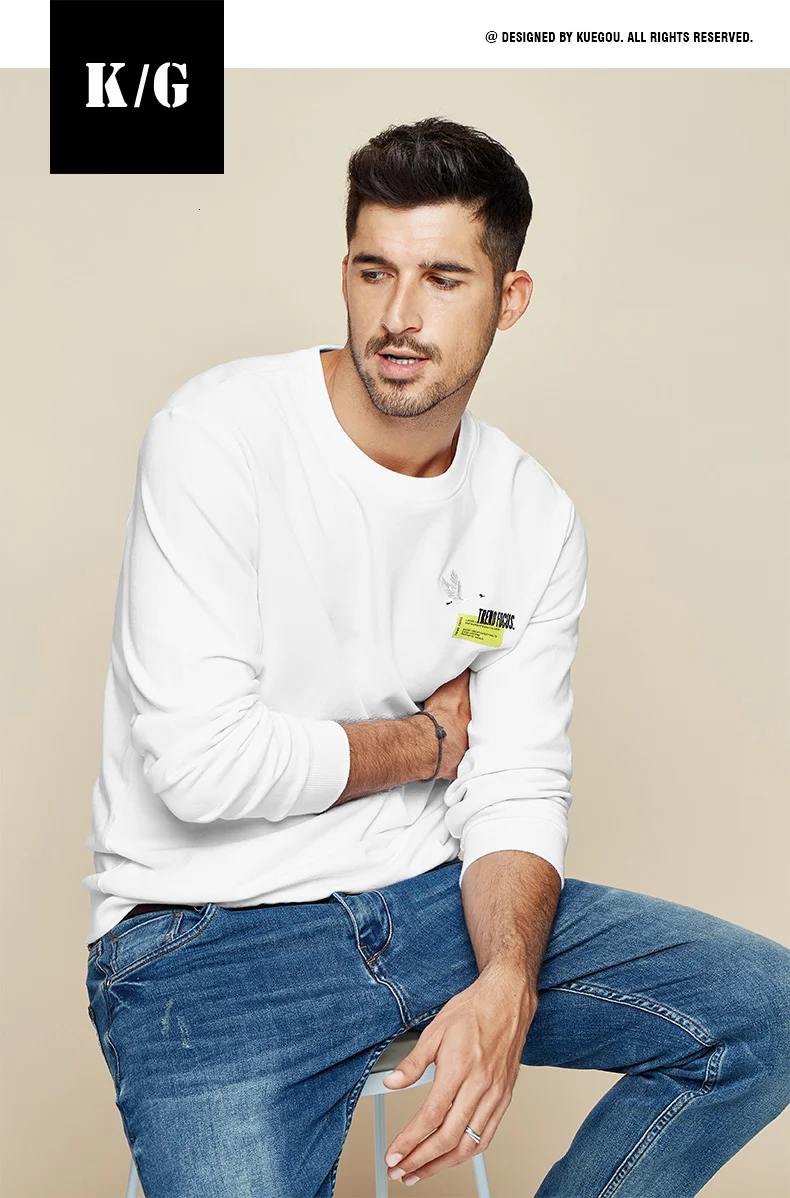 KUEGOU Autumn Cotton Embroidery Print Black Sweatshirt Men Fashion Japanese Streetwear Hip Hop Male Brand Clothes 2269