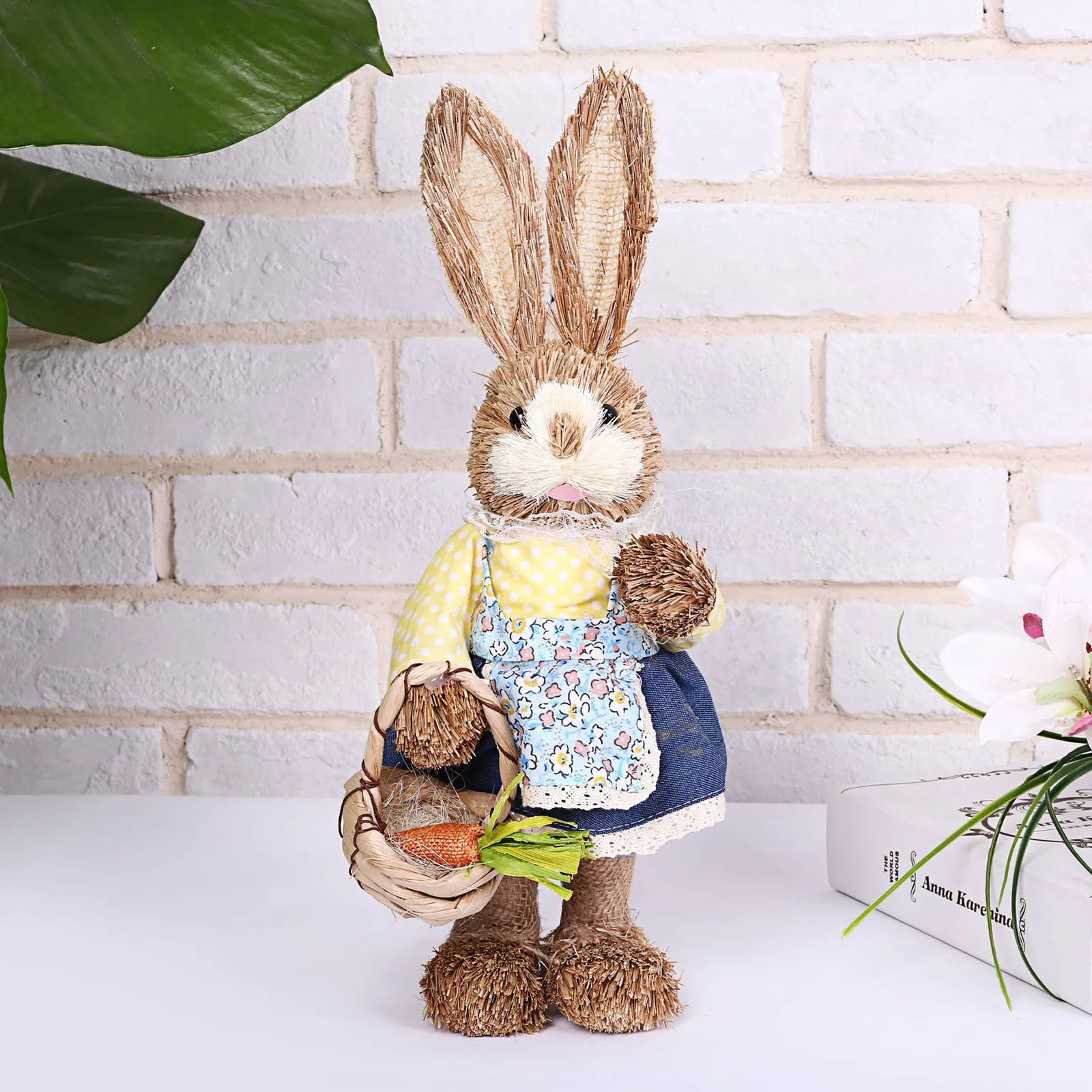 æ—  Easter Simulation Straw Rabbit Standing Bunny Desktop Artificial Animal Model Easter Bunny for Easter Day Garden Desktop Ornament 