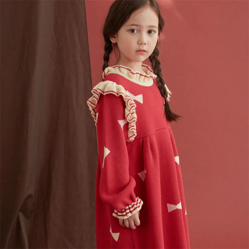 Rona Jane/Детские зимние вязаные платья для девочек; красивое теплое платье-пачка в Корейском стиле; цвет розовый, красный; платье-свитер в клетку с галстуком-бабочкой
