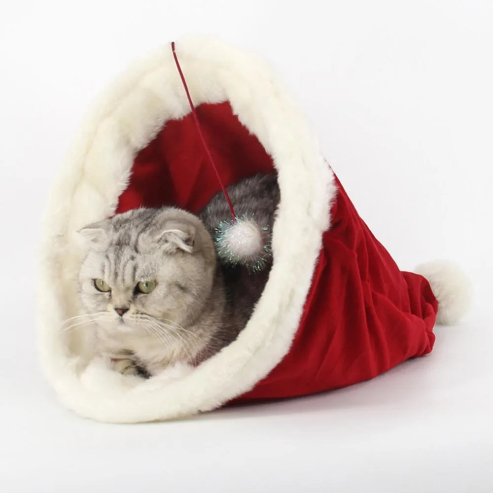 Christmas Hat Pet Nest Plush Mat Winter Warm Cat Puppy Nest Pet Sleeping Bag Christmas Decorations For