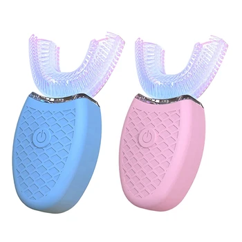 

2x 360 Degrees U Type Automatic Electric Toothbrush High Frequency Ultrasonic Vibration Blue Light Red & Blue