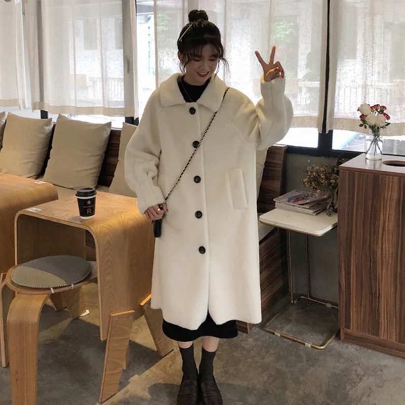

Winter 2019 New Style WOMEN'S Dress Korean-style Loose-Fit Lambs Wool Mid-length Thick Coat Students White Cotton-padded Clothes