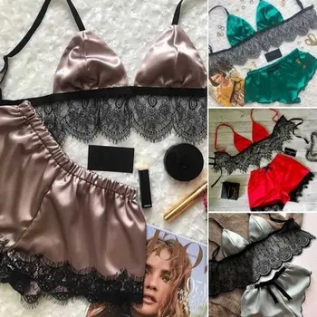 

Women Pajamas Set Sexy Lingerie Ladies Satin Lace Sleepwear Elegant Sling Top Shorts Suit Female Nightwear Homewear Lady Pyjamas