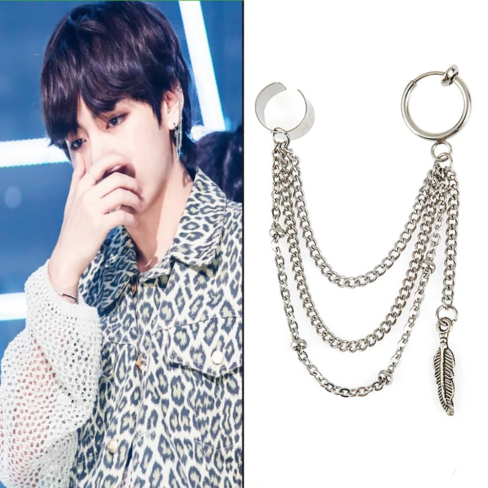 Kpop New Men Punk Tassel Multi-layer Chain Drop Earrings Bangtan Boys V Leaf Cross Geometric Chic Metal Bar Pendant Party Bijoux | Украшения