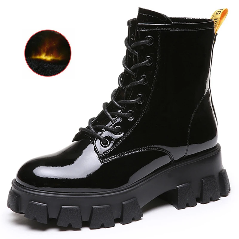 Women Motorcycle Ankle Boots Wedges Punk Boots Female Lace Up Platforms Winter Boots Patent Leather Ankle Boots For Women Shoes - Цвет: Black Fur