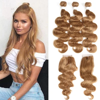 

Light Brown Body Wave Human Hair Bundles With Closure 4x4 KEMY Pre-Colored Brazilian Hair Weave Bundles With Closure Non-Remy