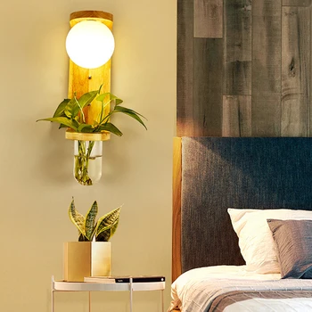 

Bedroom green plant wall lamp bedside lamp creative balcony living room aisle solid wood art LED window light tricolor light
