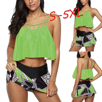 

Women Plus Size Takini High Waist RuffleSwimwear Swimuit Female Retro Bikini Set