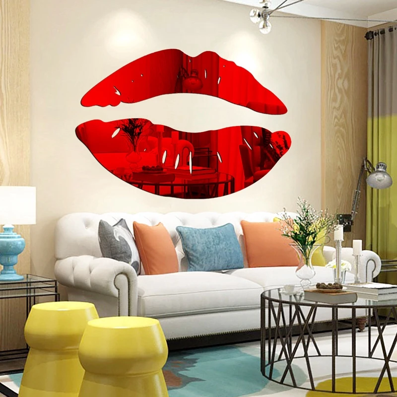 

New Style DIY Art Mural Decals Home Decor Sexy Lips Wall Sticker Simple Shine 3D Mirror Stickers Acrylic Mirror Kiss Lips