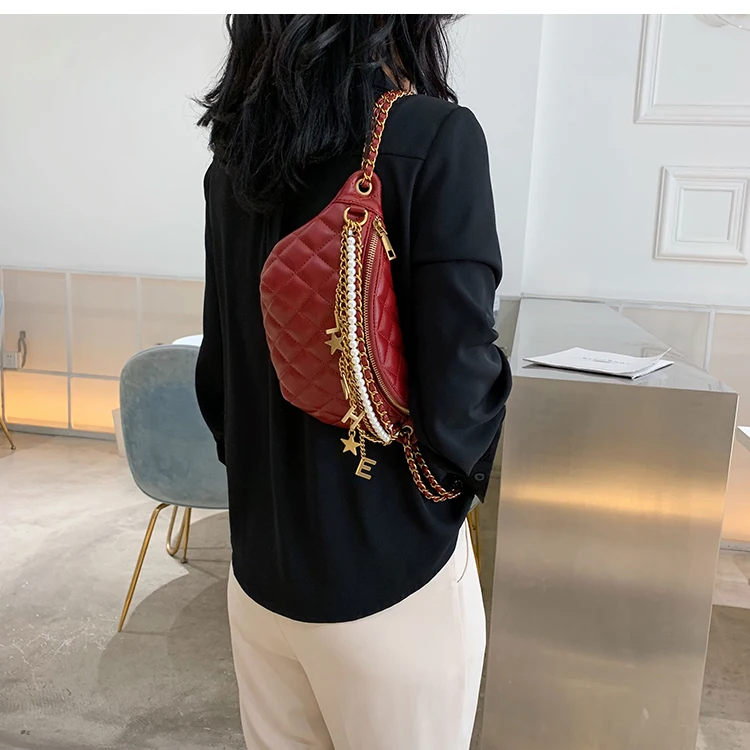 Small Bag Women New Fashion Korean Versatile Messenger Bag Pearl Chain Waist Bag Gold Letter Tassel Chest Bag Nightclub Bag