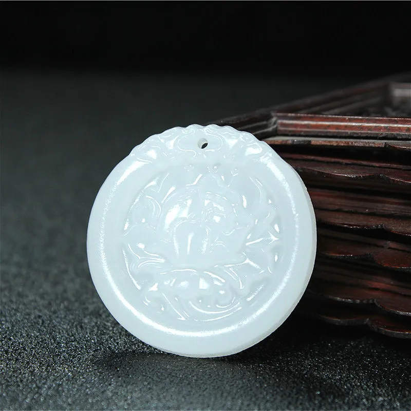 

Peony Flower Natural White Jade Pendant Necklace Chinese Hand-Carved Charm Jewelry Amulet Fashion Accessories for Men Women Gift