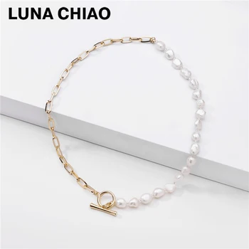 

LUNA CHIAO T bar O bar Fresh Water Pearl Strand Necklace Lariat Gold Color Chain Link Chunky Choker Necklaces for Women