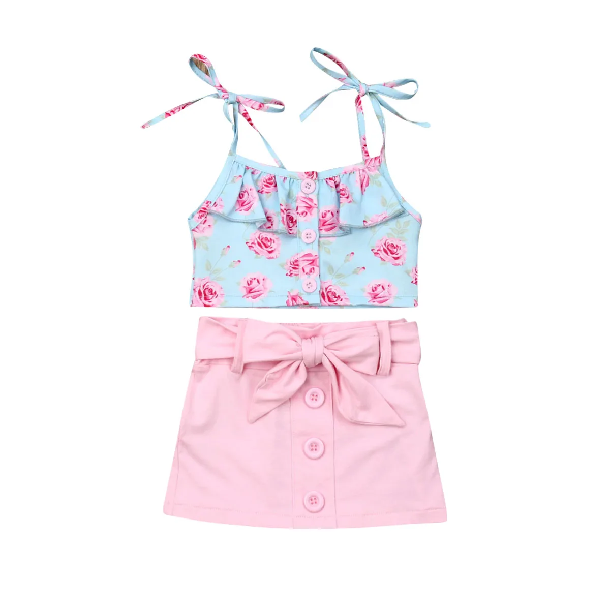 

Emmababy Summer Toddler Baby Girl Clothes Flower Print Sling Ruffle Crop Tops Bowknot Mini Skirt 2Pcs Outfits Clothes Summer