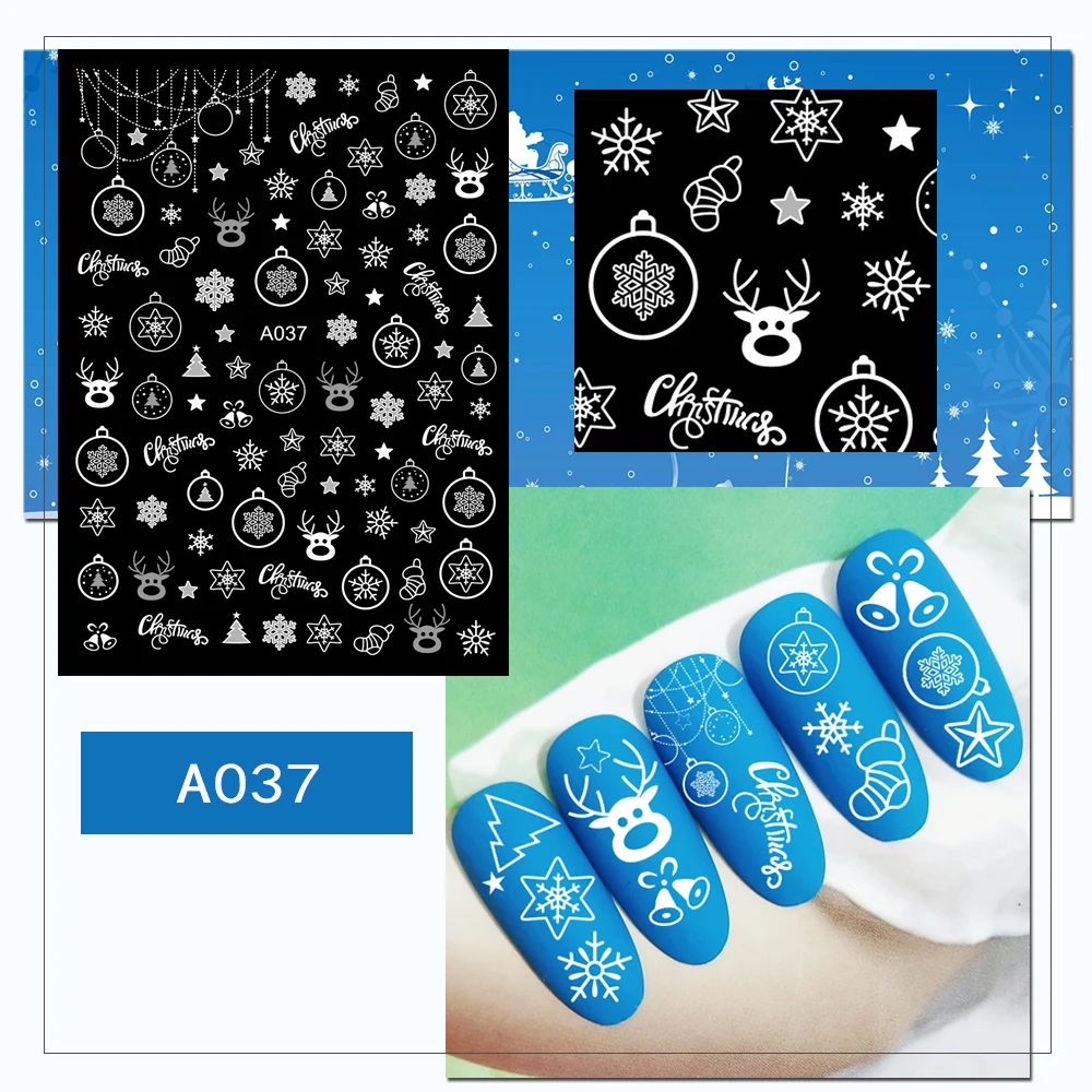 3D White Christmas! Nails Art Manicure Back Glue Decal Decorations Design Nail Sticker For Nails Tips Beauty - Color: BA037white