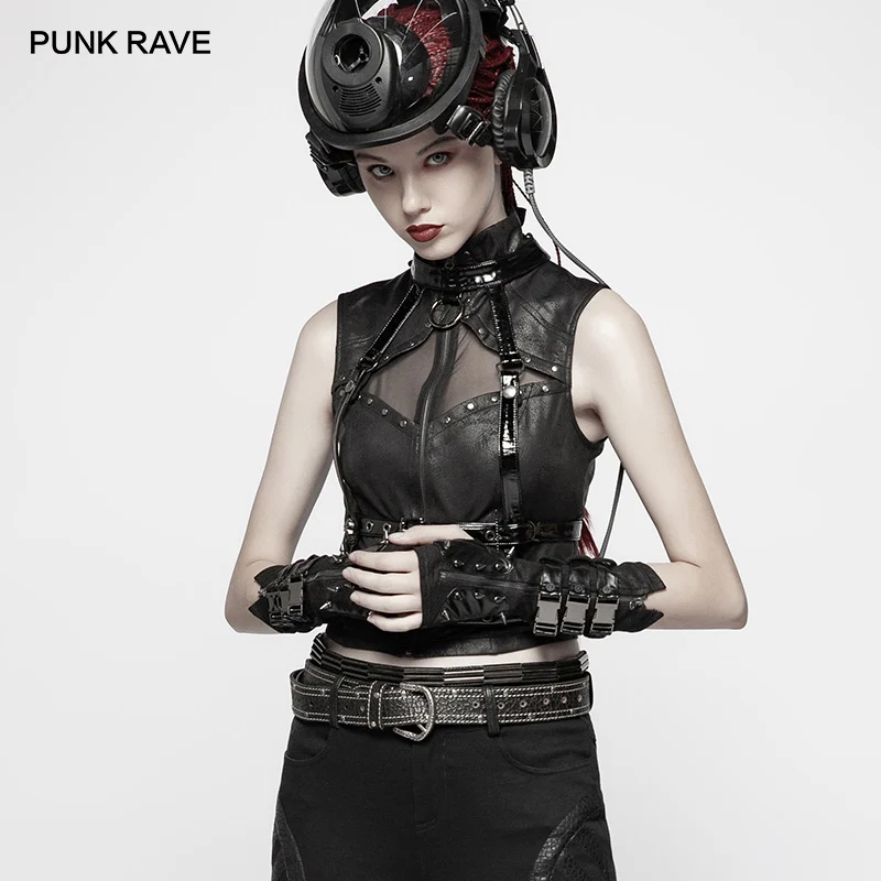 Punk Rave Negro Steampunk Gothic cráneo PU cuero Cosplay Fingerlose guantes para mujer