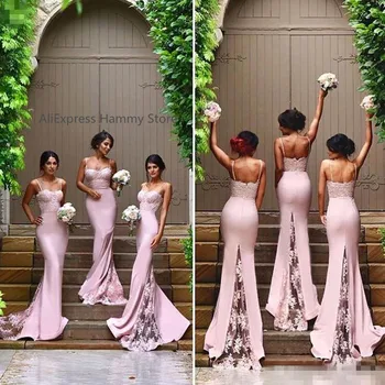 

Sweet Pink Mermaid Bridesmaid Dresses Spaghetti Straps Open Back vestido madrinha Lace Appliques Sweep Train Bridal Dress