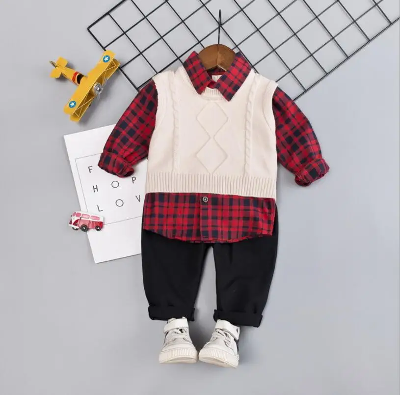 Boys'Dress/ стильный детский шерстяной свитер на весну и осень, жилетка, рубашка, клетчатая детская одежда, комплект из трех предметов