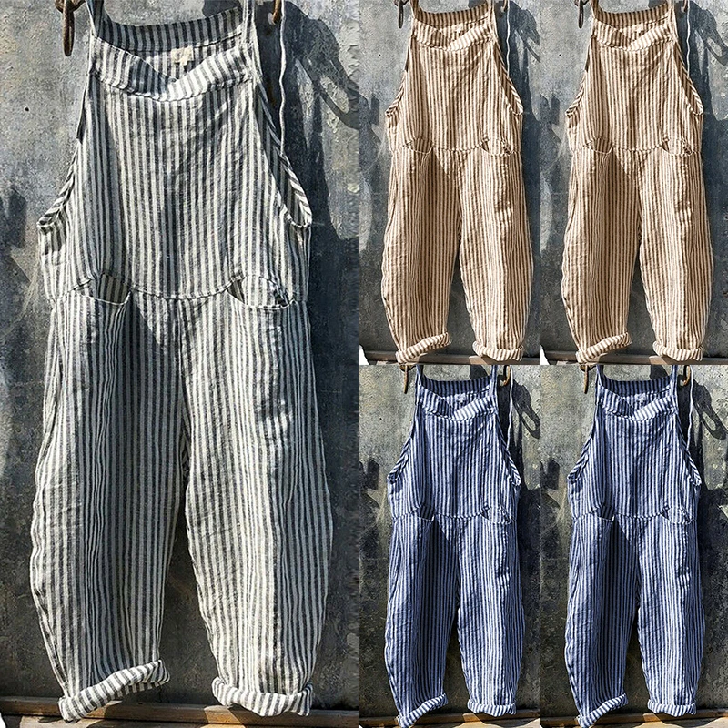 Summer Jumpsuit Womens Casual Baggy Striped Wide Leg Overalls Dungarees Jumpsuit Women Street Daily Cotton Linen Jumpsuit S-XL