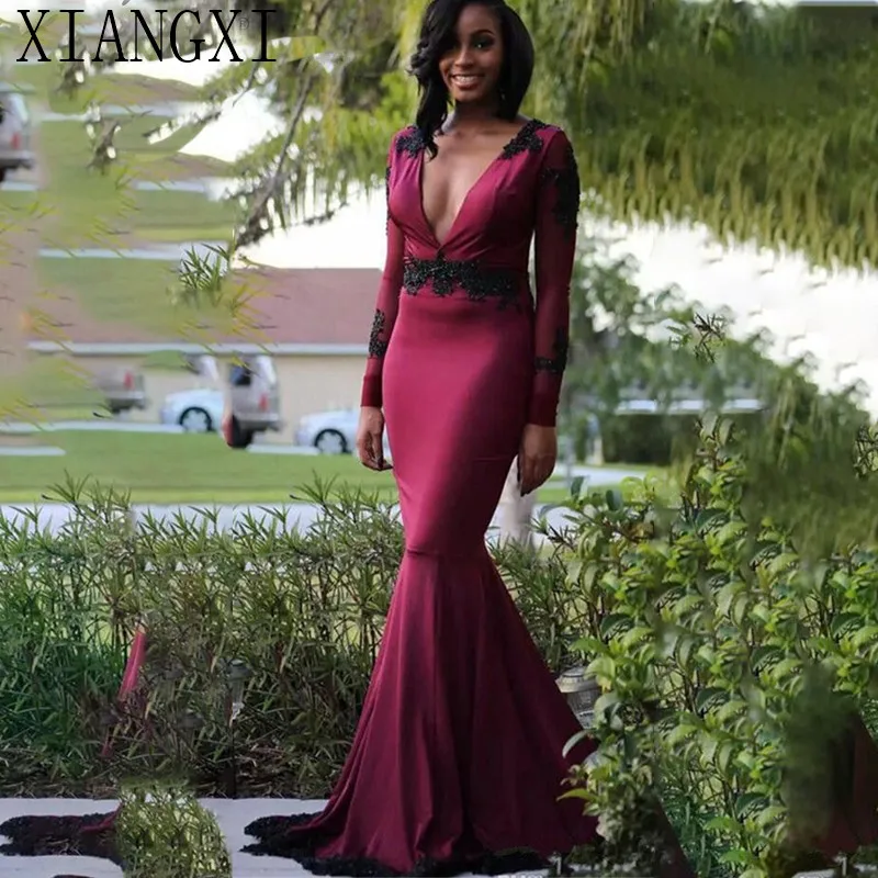 

Elegant African Prom Dress 2020 Long Sleeves Lace Appliques V Neck Custom Plus Size Evening Gown Womens Formal robe de soiree