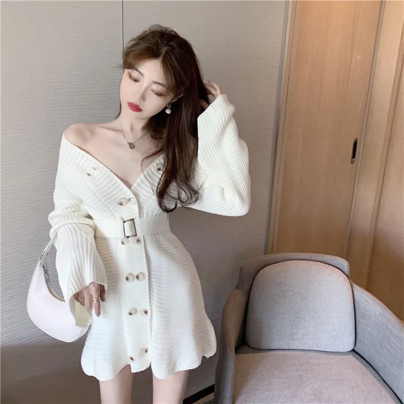 

2022Fashion New Sexy V Neck Slim Flare Long Sleeve Mermaid Double Breasted Sweater Dress Women Knit Gentle Elegant Chic Vestidos