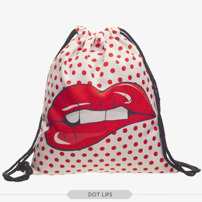 Novo 3d impresso drawstring bag dot lábios