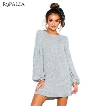

Autumn Winter New Knit Sweater Dress Bottoming Shirt Women's Solid Color Lantern Sleeve Long Sleeve Dress