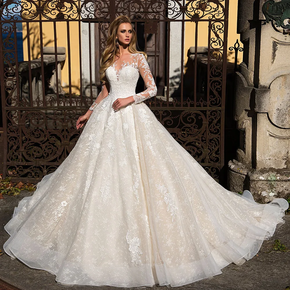 Long Sleeve Appliques Lace A-line Wedding Dresses Vestido Branco Buttons Up Back Floor Length Princess Gowns Bodas | Свадьбы и