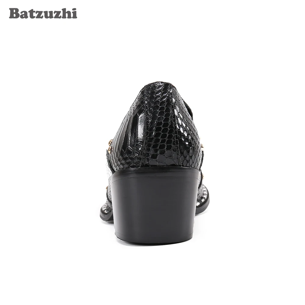 Batzuzhi Luxury Handmade Black Genuine Leather Dress Shoes Men Pointed Metal Toe Men's Leather Shoes Business 6.5cm High Heels