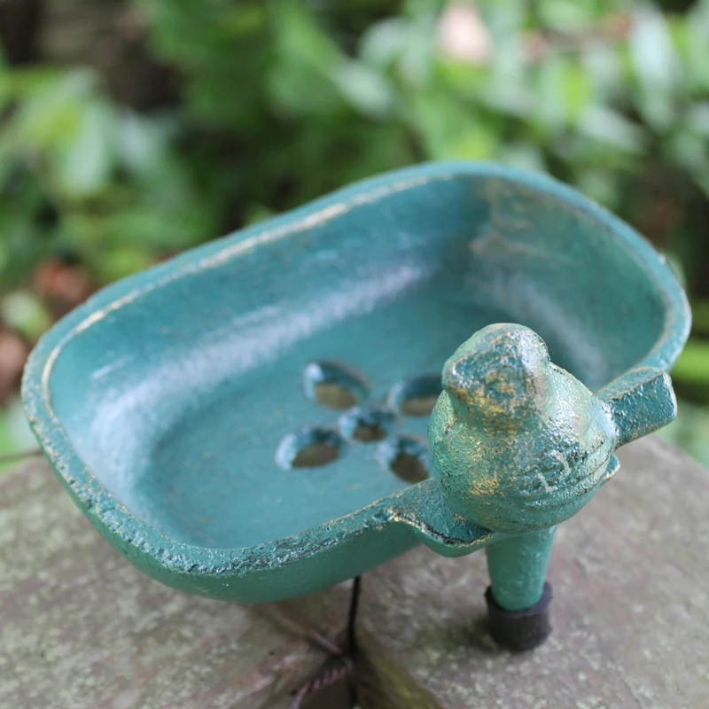 Cast Iron Soap Holder Standing Lovely Bird Antique Gold Green Handmade Tabletop Metal Dish Tray For Kitchen Bathroom Sink 4