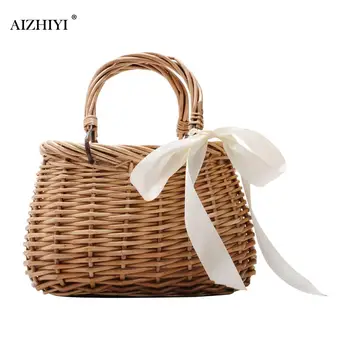 

Ribbons Bow Tie Top-Handle Wicker Bags String Rural Natural Casual Handmade Woven Rattan Bags Round Bow