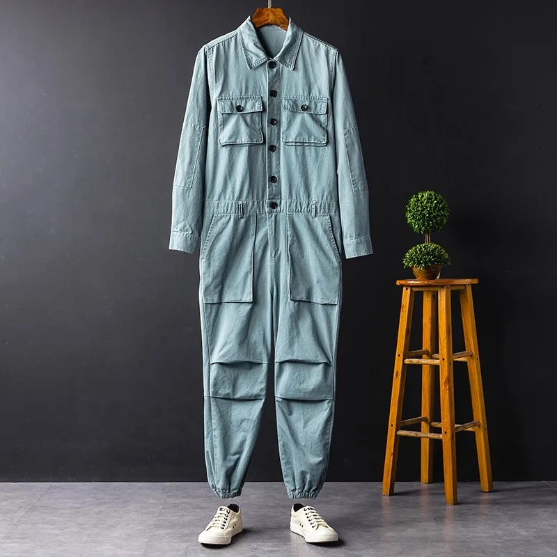 

Hip Hop Unisex Costumes Casual Cargo Jumpsuits Long Sleeve Single Breasted Top Full Length Pants Male Loose Overalls Plus Size
