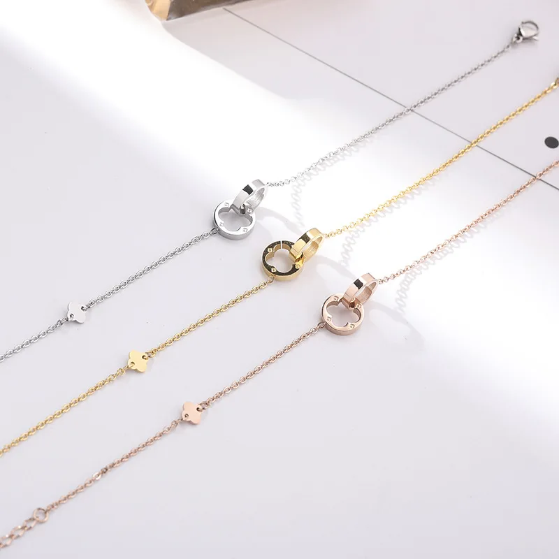 

Korean-style Hollow out Titanium Steel Shuanghuan Clover Short Necklace Fashion Titanium Steel Two-Button Clover Lock Anklet