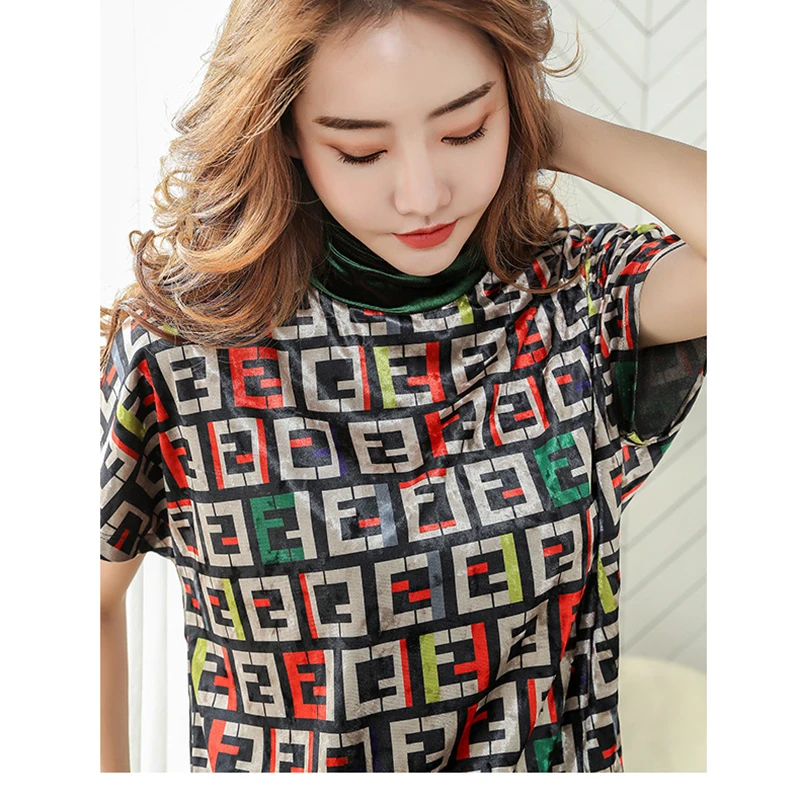 Gold Velvet New Clothes Turtleneck T-Shirt Short Sleeve T Shirt Women Summer Tops Print Woman Tshirt Casual Tee Shirt Femme
