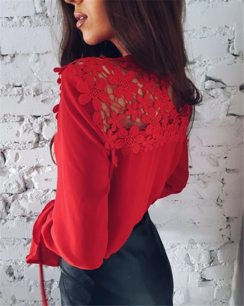 New Spring and Summer Lace Chiffon Shirt Top Long Sleeve Lace Top Splicing Long Sleeve Chiffon Shirt Top
