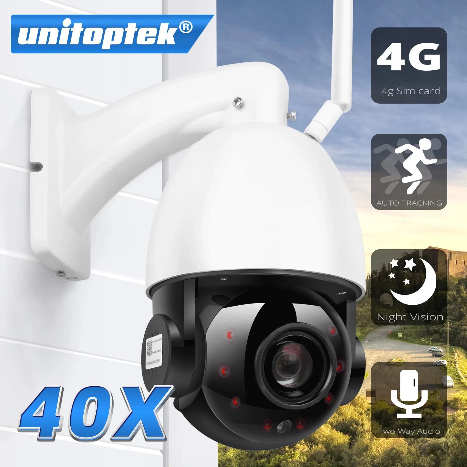 SIM Card 3G 4G Wireless AI Auto Tracking 30X Zoom Wireless PTZ Speed Dome CCTV Camera Outdoor Two Way Audio IR 80m