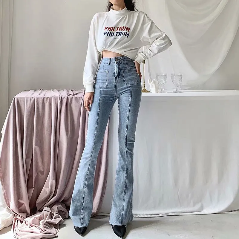 Autumn and winter new European and American style high waist stretch horn jeans women, Slim long legs solid color jeans women Autumn and winter new European and American style high waist stretch horn jeans women, Slim long legs solid color jeans women