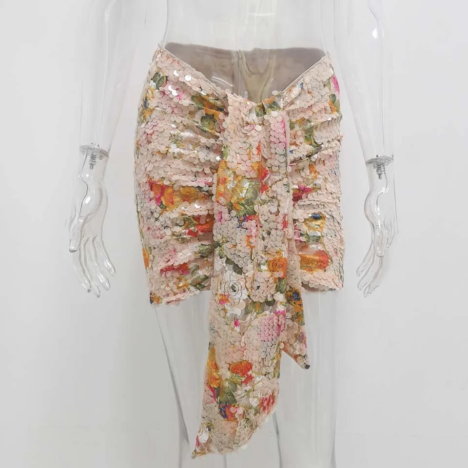 Karlofea/Женская Яркая юбка с блестками; элегантные шикарные Короткие вечерние наряды с рюшами; облегающая юбка с запахом; блестящая Великолепная одежда для дня рождения - Цвет: Floral Skirt