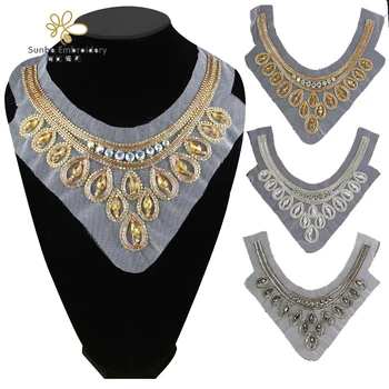 

Indian Silk Collar Handmade Motif Applique Crystal Rhinestones Patches Embellishment Sew on Women Neckline Collar 1 piece