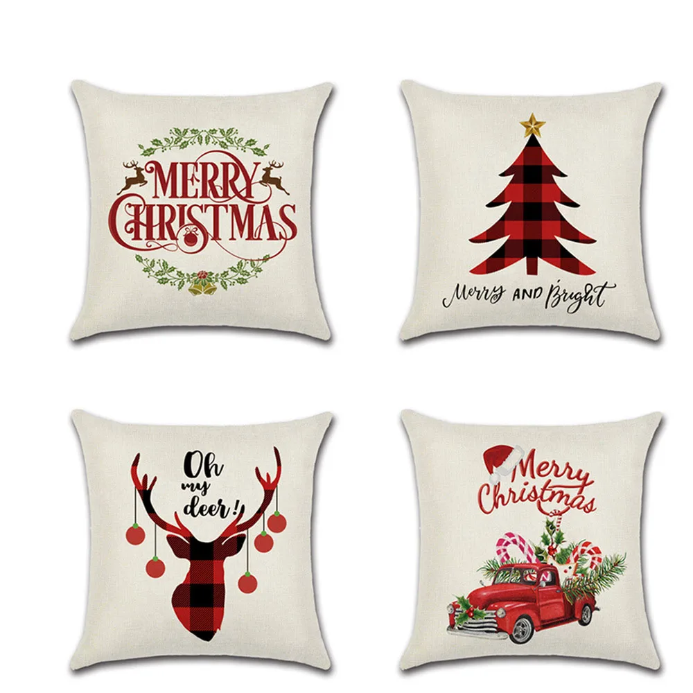 

New Christmas Day Linen Cushion Cover Decorative Car Deer Head Christmas Tree Pillowcase 45*45cm