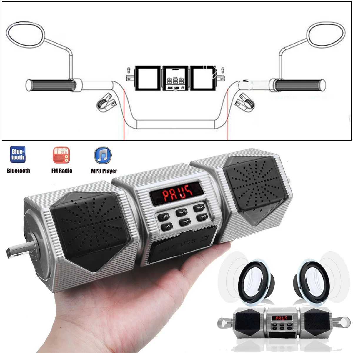 Водонепроницаемый Bluetooth мотоцикл руль аудио стерео акустическая система MP3 USB FM