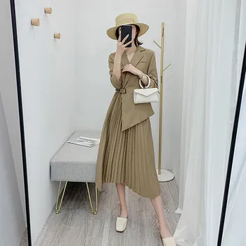 

High Quality 2019 Autumn Solid Notched Midi Dress Office Lady Buckle Pockets Dress Long Sleeve Pleated A-Line Dress