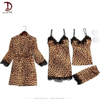 

Women's Pajamas Four-Piece Silk Sexy Pajamas Suspender Skirt Shorts European and American Leopard Print Two-Piece Homewear
