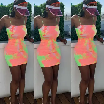 

2019 New Women Print Spaghetti Strap Short Mini Dress Sleeveless Bodycon Summer Party Club Dresses Female Clothing