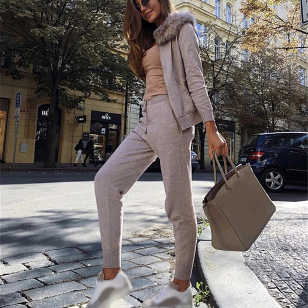 

LOOZYKIT Fashion Knitted Suit Women Street Style Hooded Tracksuits Zip Up Cardigans And Drawstrings Elastic Pants Two Piece Sets