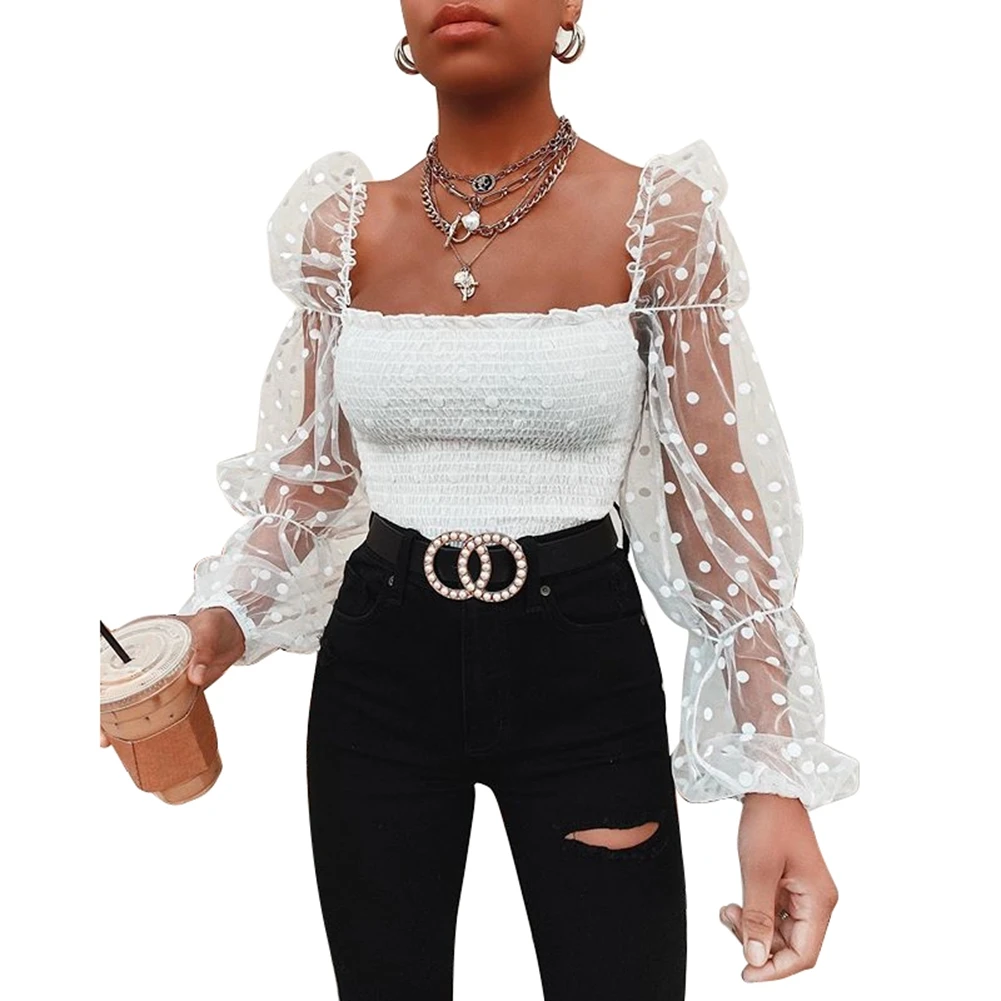 

Women's Summer Polka Dot Mesh See Through Long Puff Sleeve Blouse Pleated Solid Color Slim Fashion Crop Top Shirt Autumn Spring