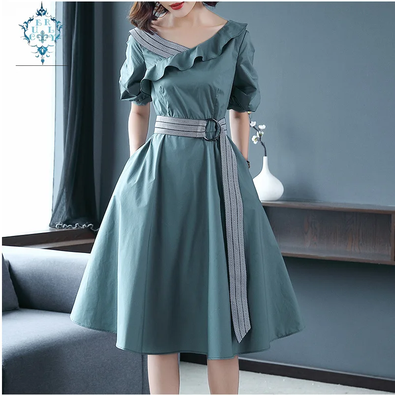 

CURLY 2019 green V-neck A-line Chic belt dresses summer women Elegant big Hem ruffle fitted waist stitching temperament dress