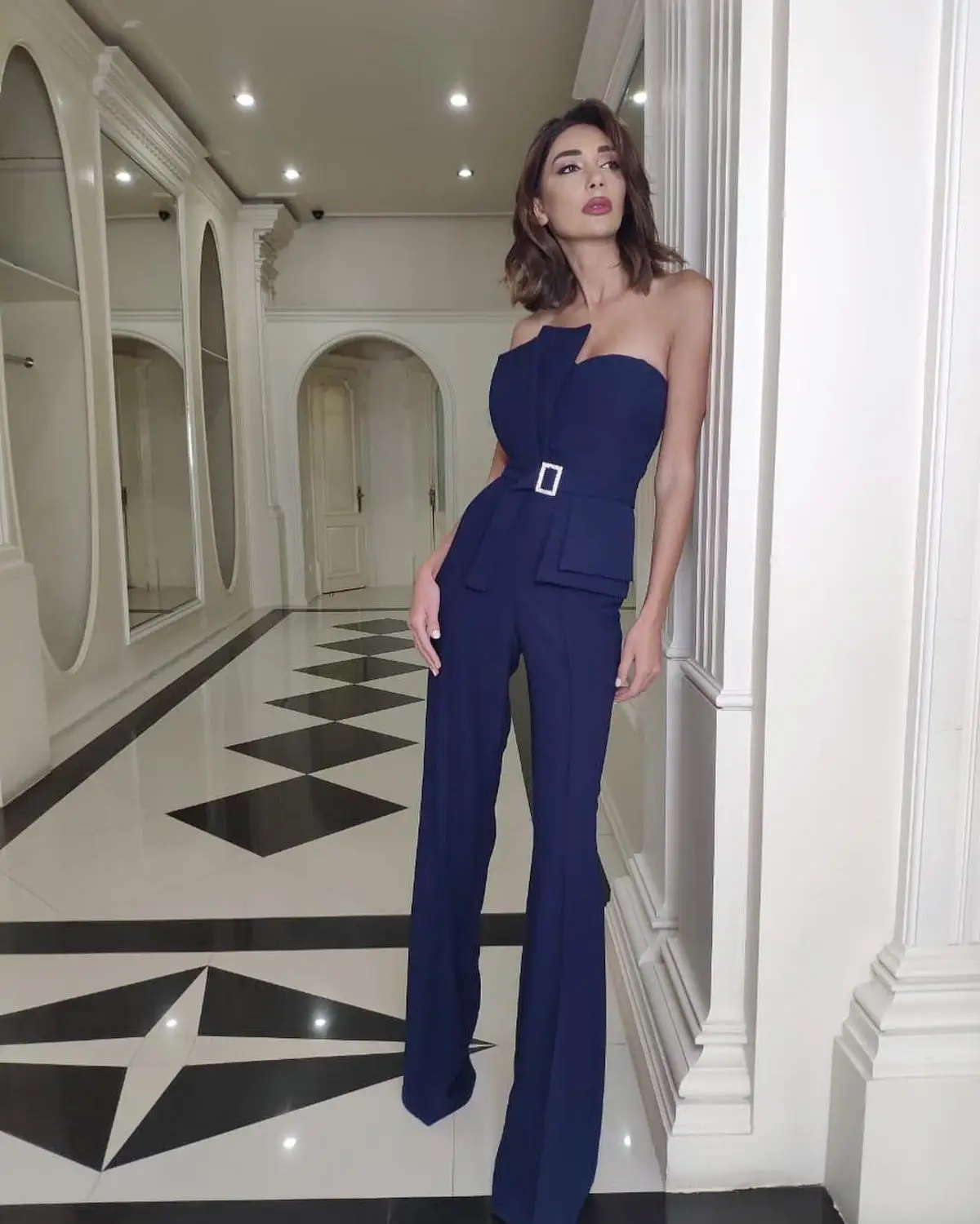 

Fashion 2019 Women Jumpsuit In Women's Jumpsuits Royal Blue Strapless With Belt Nightclub Party Jumpsuits